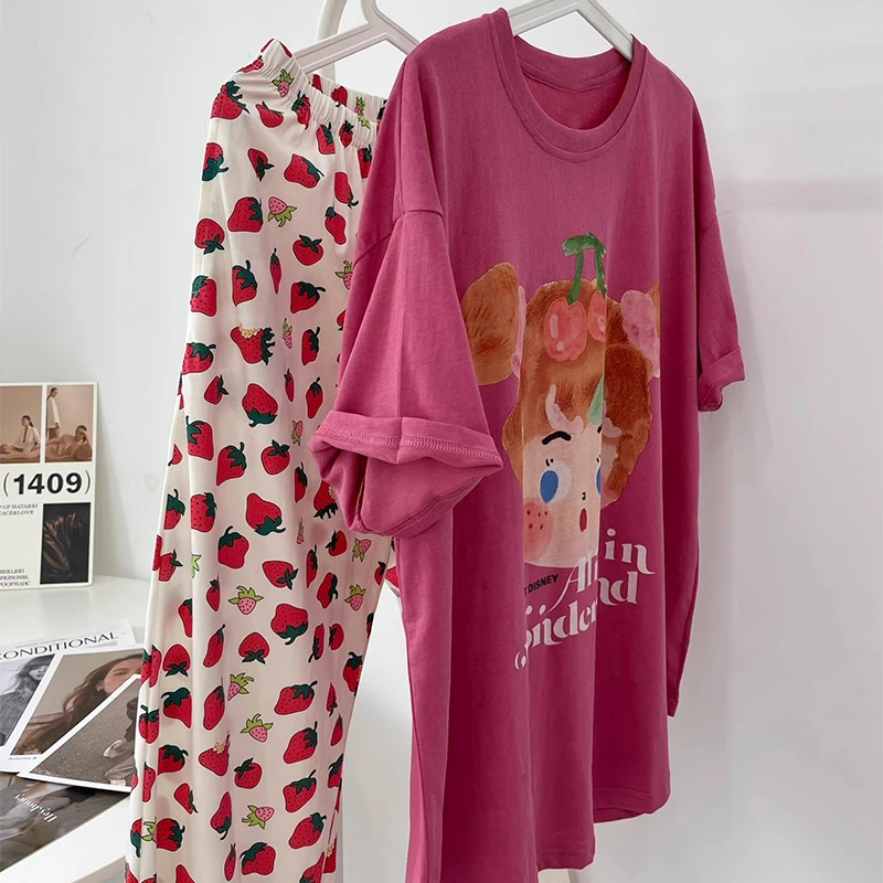 卡通草莓女孩印花睡衣女夏季短袖长裤休闲带胸垫家居服网红风套装
