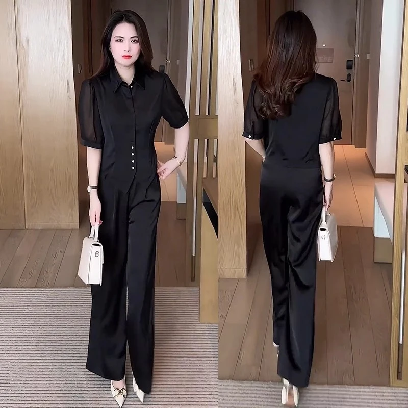 时尚气质套装女2025夏季新款高级感时髦洋气短袖衬衫阔腿裤两件套