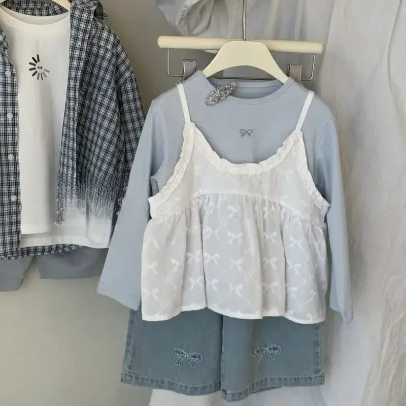 女童套装春装2025儿童甜美吊带衫棉T恤衫中小童刺绣牛仔裤
