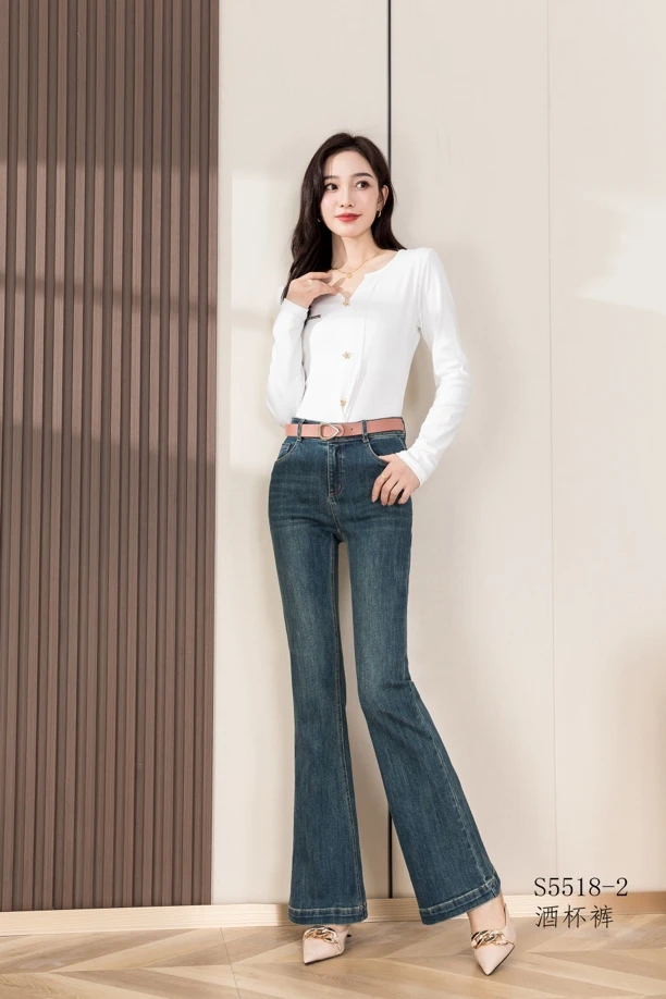 秋季复古休闲腰带饰微喇牛仔长裤5518女款修身显瘦款式十分鱼尾裤