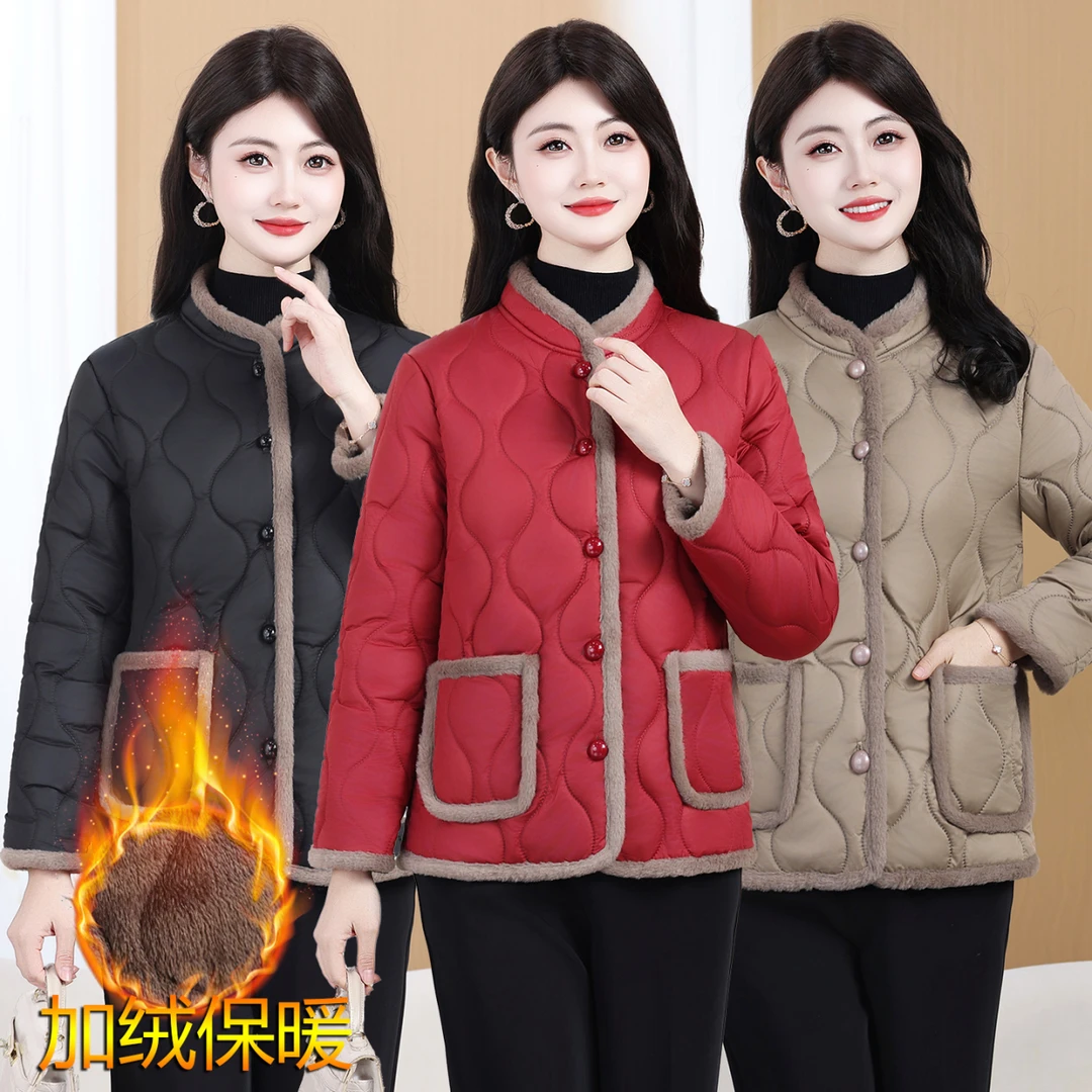 立领小棉衣女短款冬季加绒保暖棉服外套中老年人妈妈装纯色棉袄