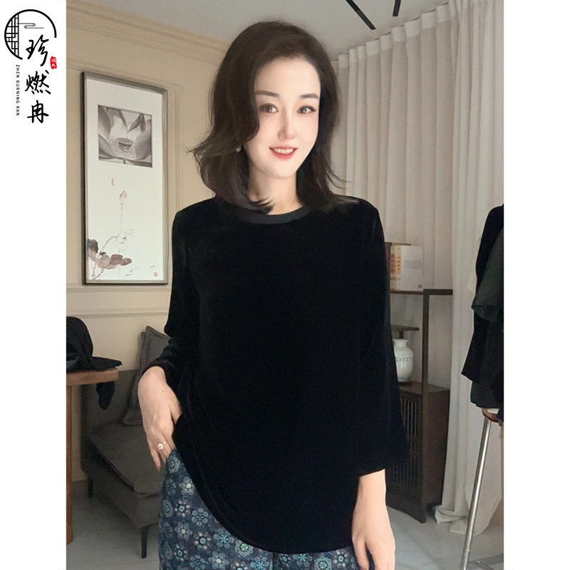【珍珍臻品】【经典丝绒】夏季黑色宽松圆领新中式国风上衣S-12328