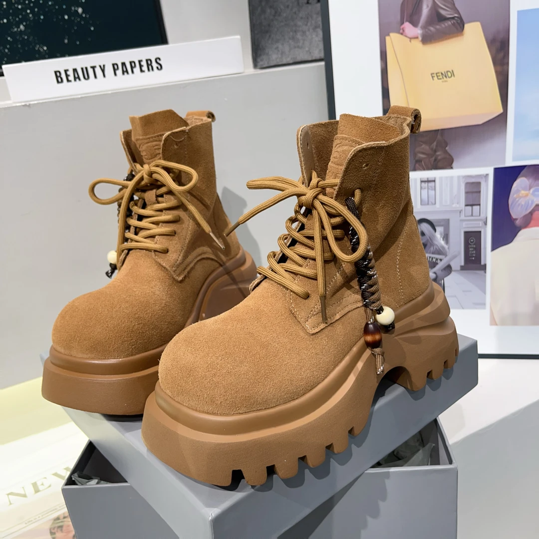 【小涵家】早秋新款欧洲站小众时尚原切牛皮厚底【7cm】增高马丁靴ins