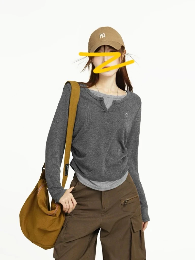 【现货】假两件长袖t恤女秋冬季休闲打底衫刺绣上衣