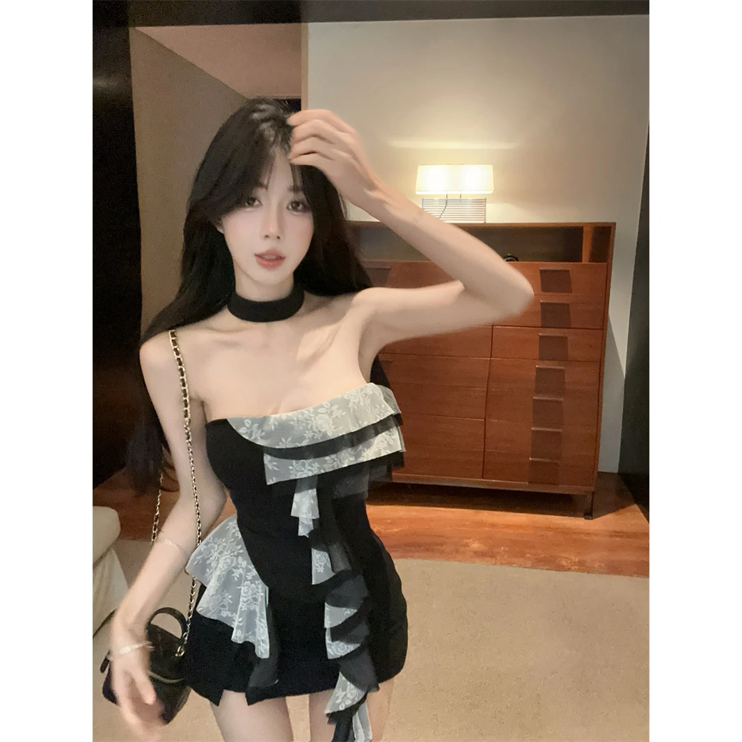 纯欲辣妹性感蕾丝花边抹胸背心女夏季性感露肩不规则挂修身脖上衣