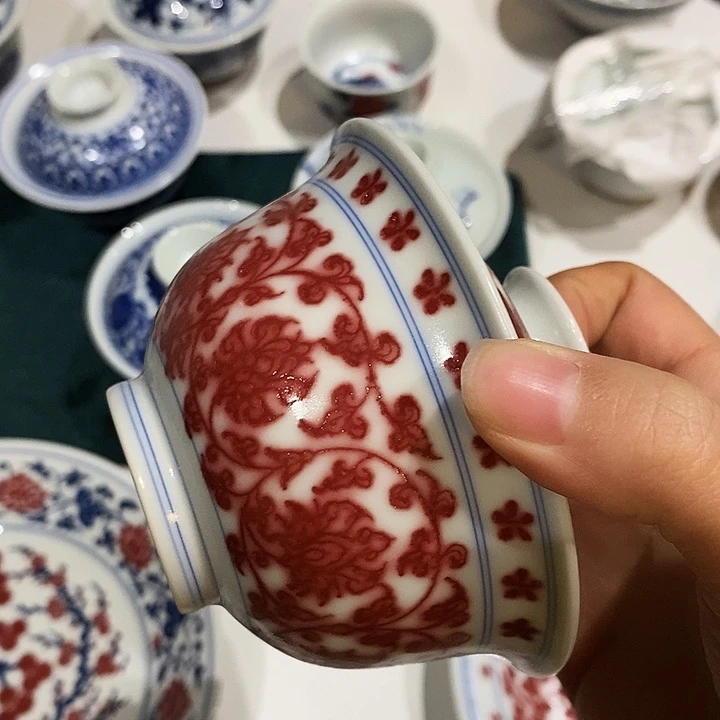 摆件陶釉里红盖碗120cc