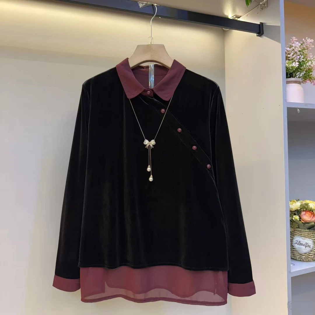 秋冬新款气质显瘦丝绒拼接撞色翻领不规则长袖衬衫女打底上衣
