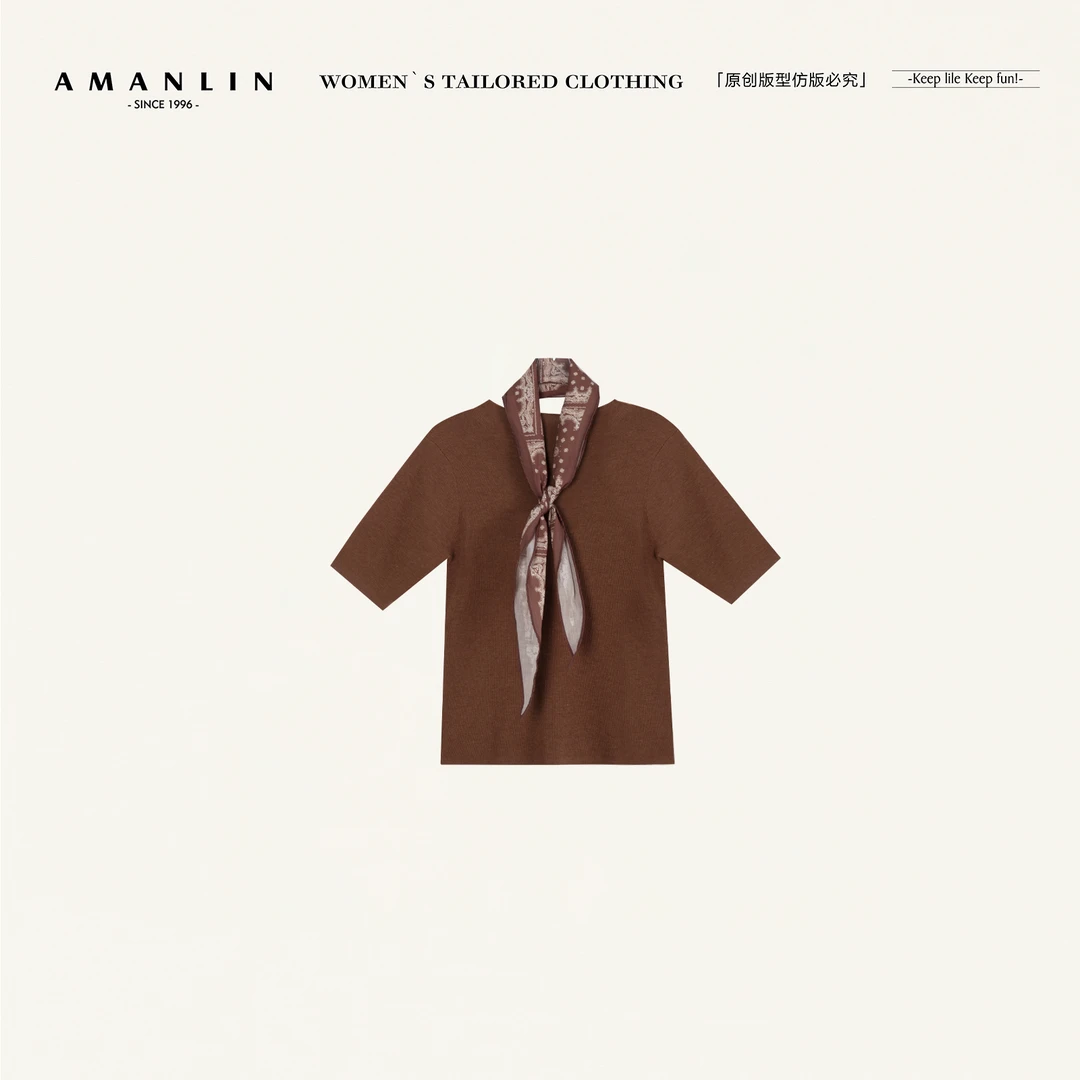 AMANLIN/阿谩琳琥珀流光早秋丝巾挂脖显瘦百搭短袖T恤上衣D600763