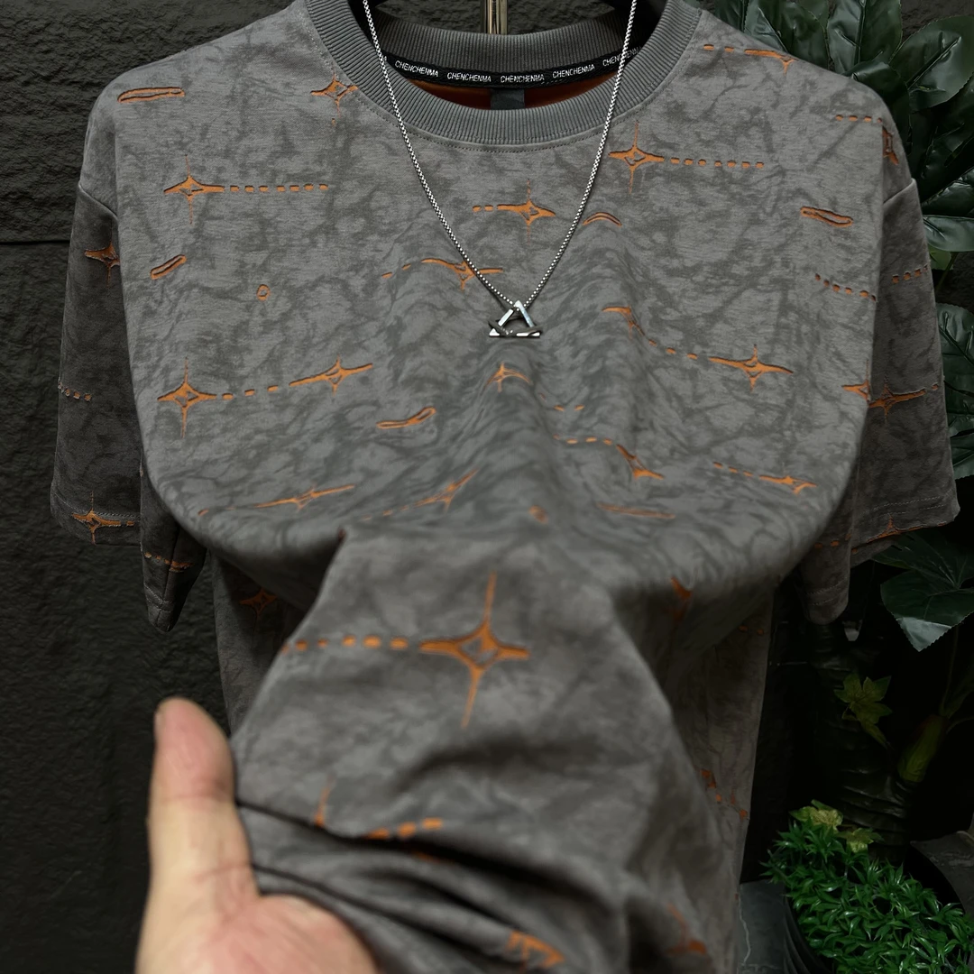 2025高级感新款潮牌撞色晕染印花圆领短袖T恤百搭情侣复古上衣