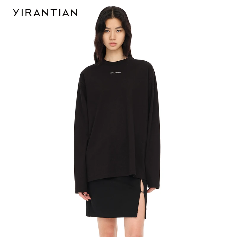 【YIRANTIAN】设计师质感休闲简约百搭纯色刺绣LOGO长袖T恤女