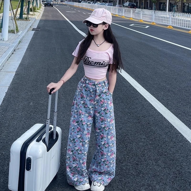 女童碎花牛仔裤套装2025儿童印花短袖宽松薄款阔腿裤夏装两件套潮