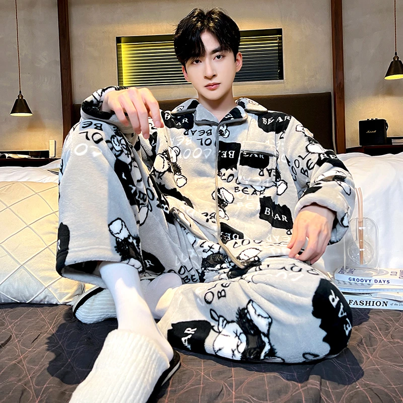 新款秋冬季男士时尚长袖可外穿睡衣舒适加厚保暖套装慕斯绒家居服