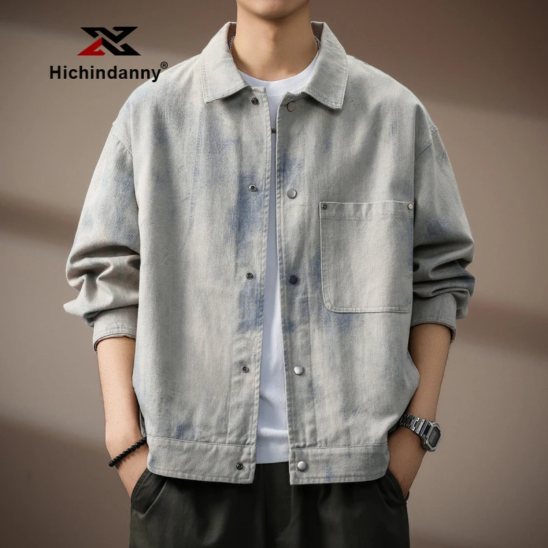 HICHIN渐变廓形牛仔运动茄克男秋季新款工装翻领休闲夹克外套上衣