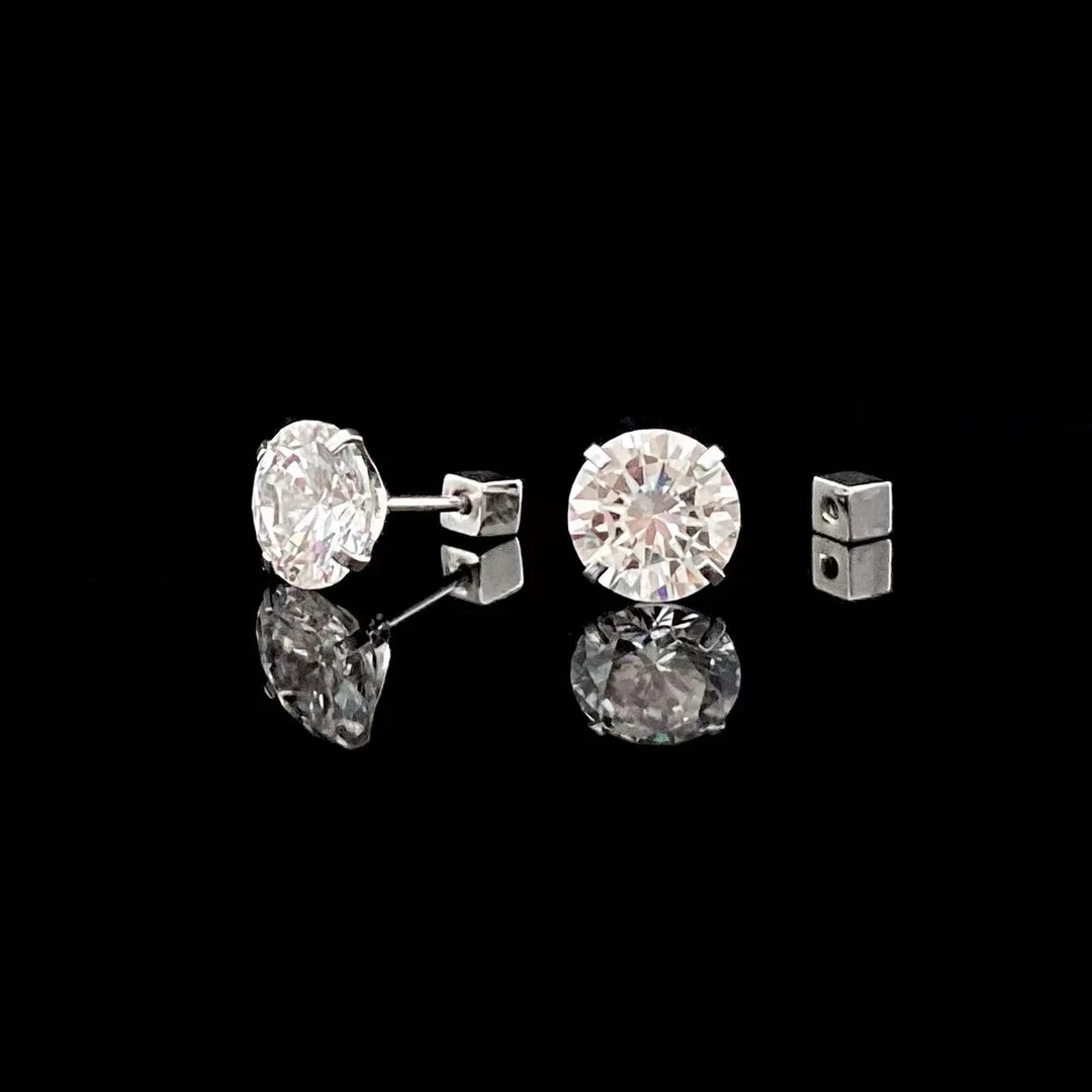 钛钢耳饰 木木（AQ1407） 2克拉四爪镶钻单钻螺帽耳钉耳环