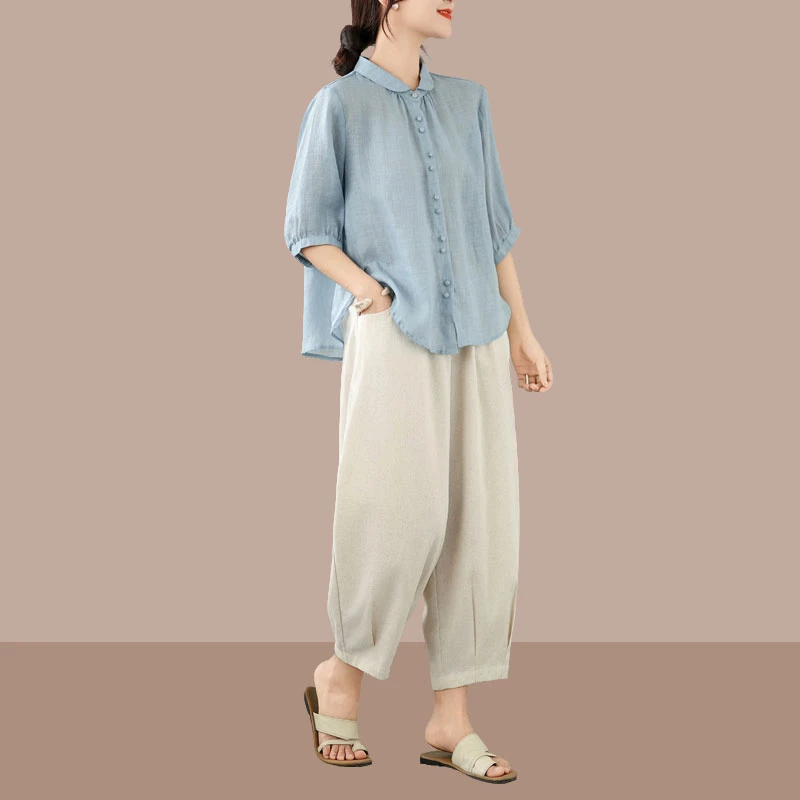 夏季新款时尚九分裤宽松遮肉显瘦洋气妈妈装2025年休闲亚麻套装女