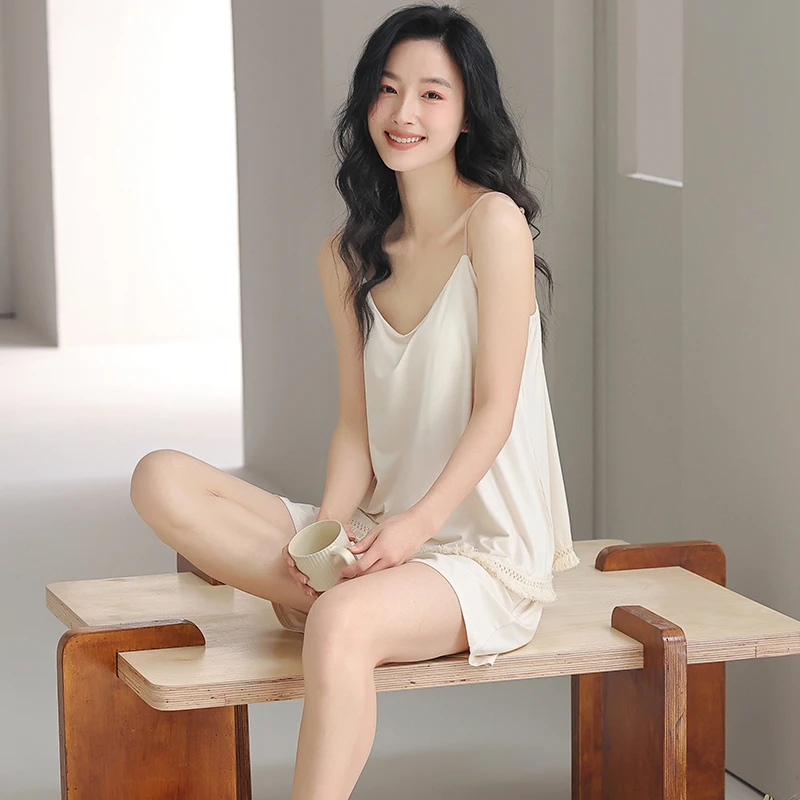 纯色甜美两件套性感吊带睡衣文艺复古花边舒适家居服25965