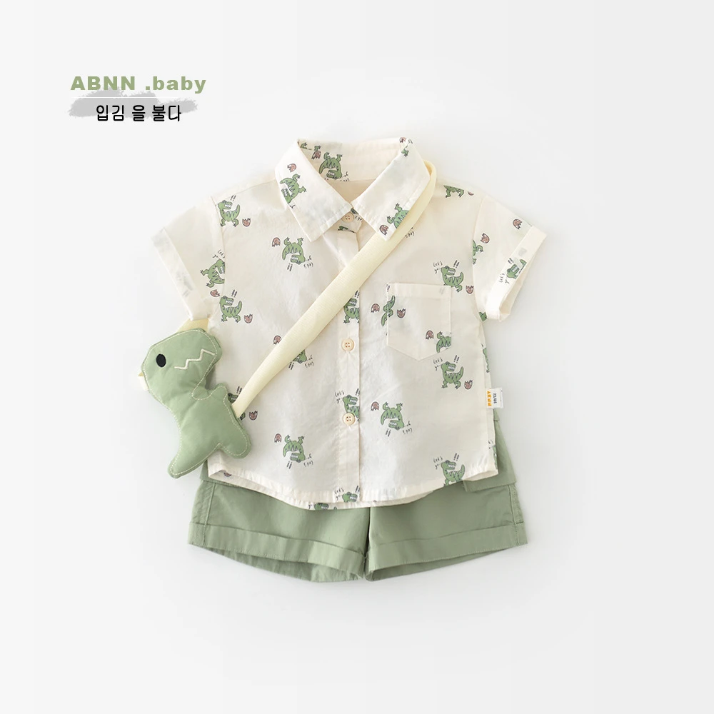 25夏款男童卡通短袖两件套婴幼童满印小恐龙套装儿童送背带公仔