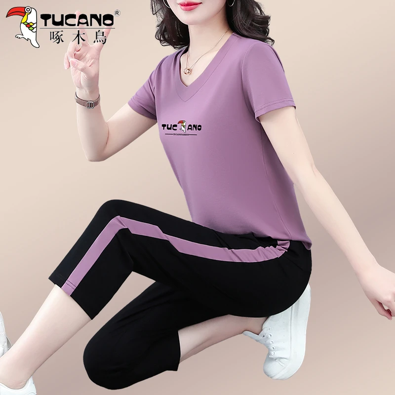 啄木鸟七分裤运动套装女2025新款夏季薄款妈妈冰丝短袖休闲两件套