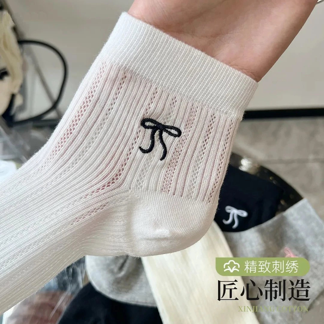 蝴蝶结夏天网眼透气短袜日系miu风-镂空白色袜子夏季薄款无骨袜子