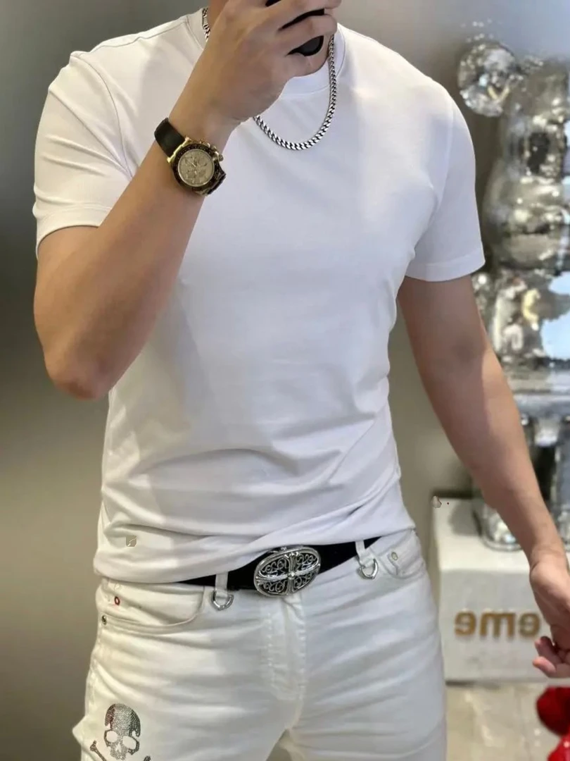 夏季高端男士短袖t恤纯棉修身纯色圆领打底衫休闲半袖上衣潮凉T