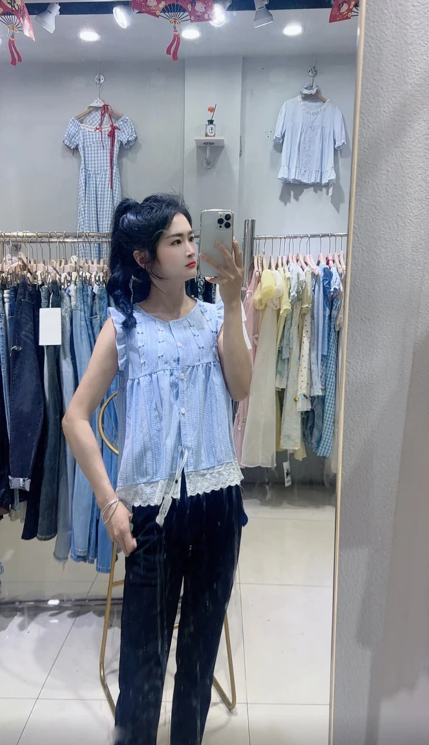 气质格子条纹无袖衬衫女宽松甜美显瘦百搭新款上衣