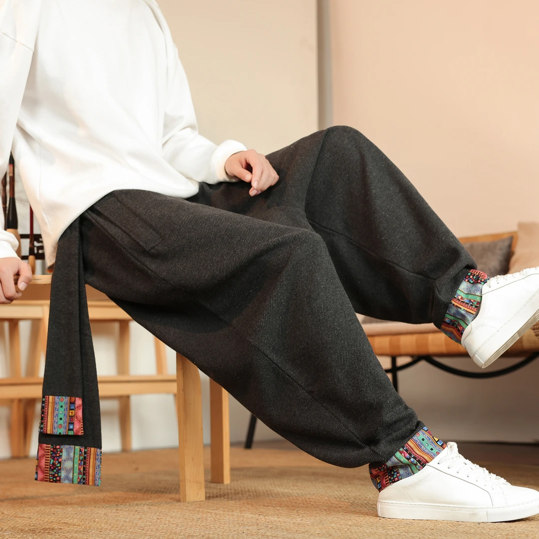 秋冬季加厚毛呢裤子男新中式国风藏式印花大码宽松高级感哈伦长裤