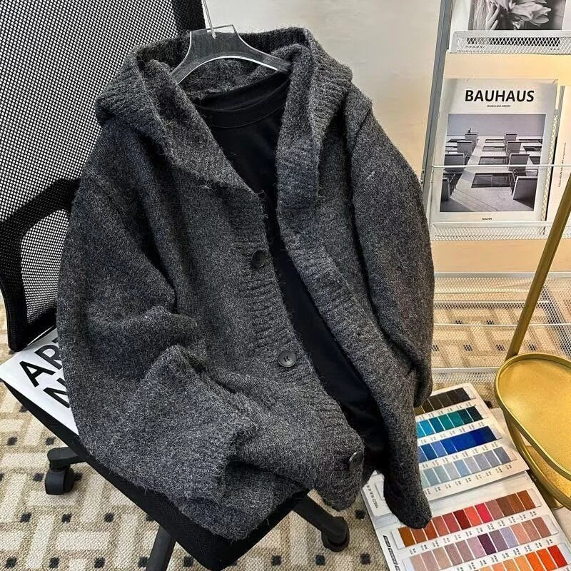 2024秋冬新款开衫毛衣美式复古休闲慵懒风V领针织衫男纯色外套