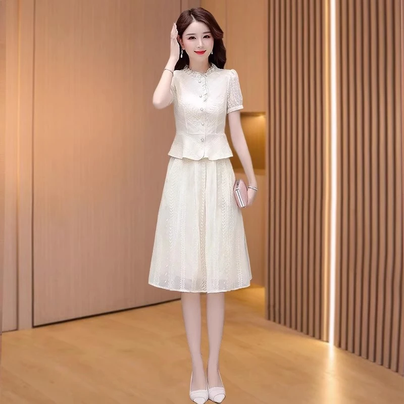 白色小香风连衣裙女夏季2025新款气质名媛高端高级感腰裙两件套裙