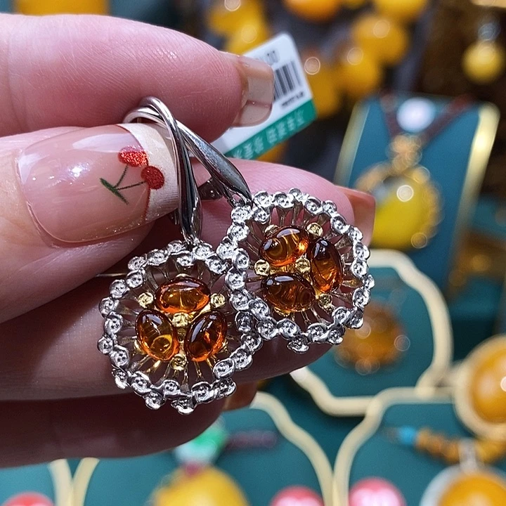 琥珀（花珀）耳饰银S925镀金镶嵌