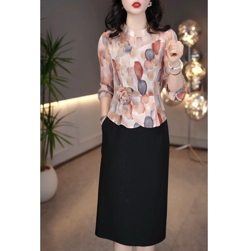 法式高端气质印花拼接连衣裙2025春季新款显瘦遮肉假两件中长裙子
