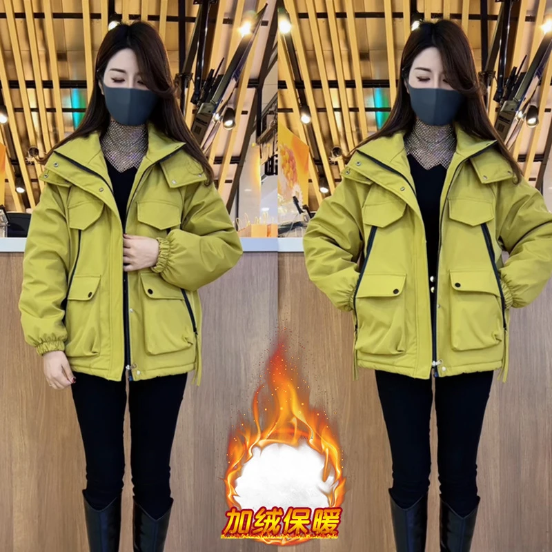 【加绒加厚】连帽百搭冲锋衣女冬季新款宽松保暖工装绒棉冲锋衣女款