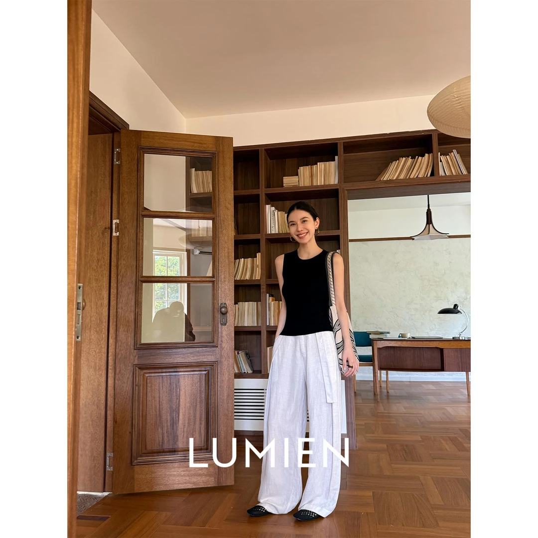 【LUMIEN】慵懒风一体式腰带收褶设计简约高级感亚麻长裤LX5CKK091