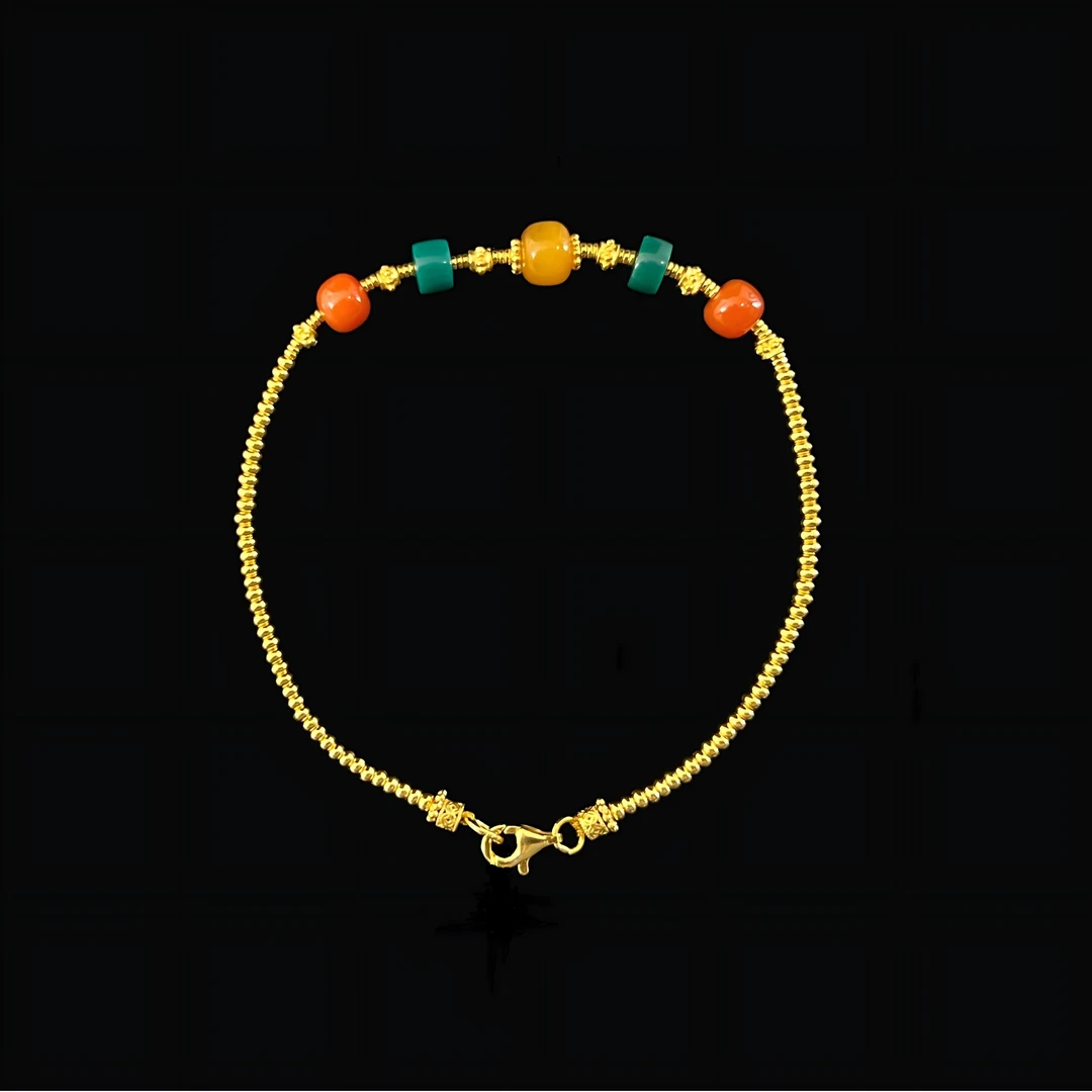 足金多宝手链(绿松南红蜜蜡) 珠径约1.8mm  链长16.5cm 金约3.8g