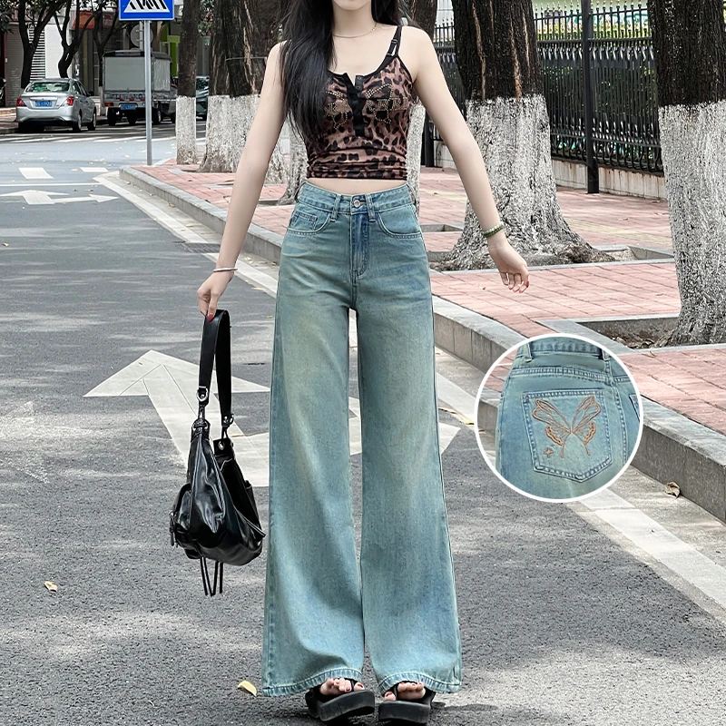 蝴蝶结玛吉拉绿窄版直筒牛仔裤2025夏季薄款小个子宽松微喇阔腿裤