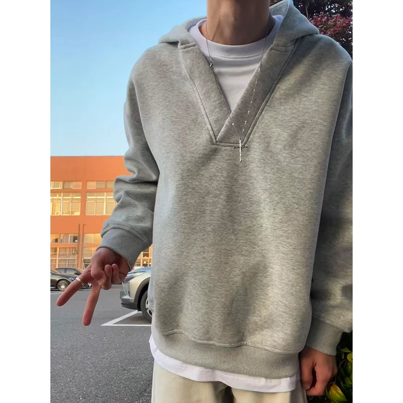 浅灰色大V领假两件连帽卫衣男秋季小众设计感外套美式重磅连帽衫