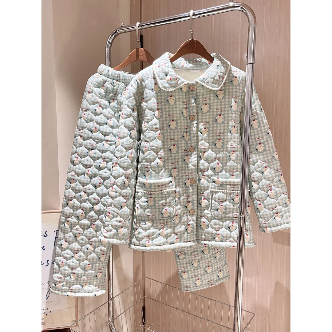 可爱小狗印花夹棉睡衣女款秋冬新款翻领棉服保暖家居服套装可外穿