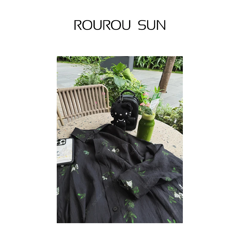 26330复古衬衫女独特别致印花减龄显瘦法式上衣