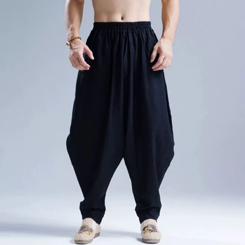 夏季吊裆垮裤男亚麻低档裤大码小脚灯笼裤男休闲长裤子宽松打坐裤