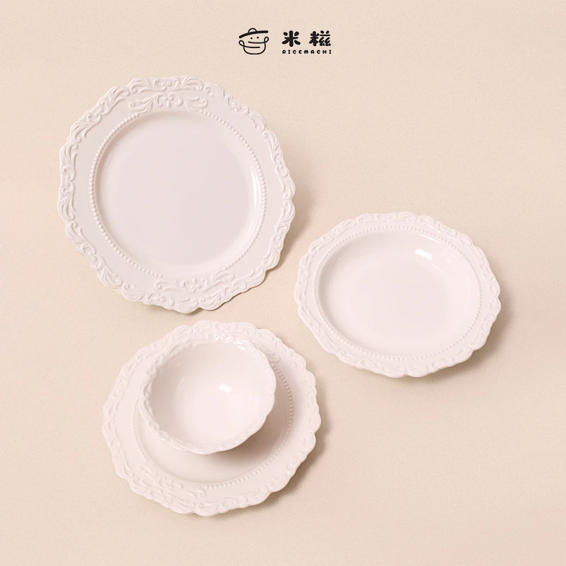 米糍轻奢法式复古宫廷风浮雕陶瓷点心盘子西餐餐盘牛排盘米饭碗