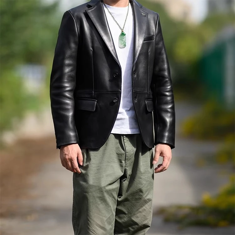 DOUBLE WIND 复古 植鞣 厚绵羊皮修身小西服男装真皮皮衣西装商务