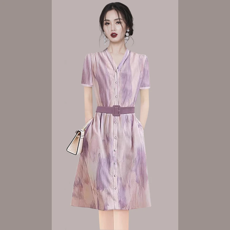 法式别致晕染V领连衣裙女2025新款夏季短袖显瘦中长裙子