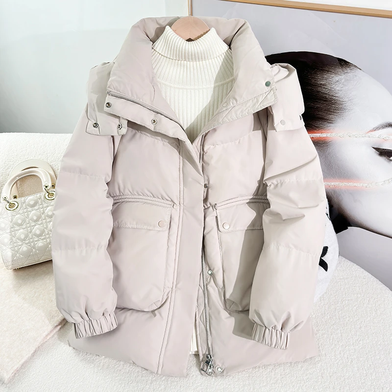 2024冬季新款羽绒服加厚保暖外套中长款韩版果绿色羽绒服90绒连帽