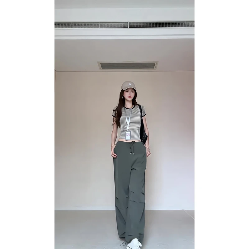 2025新款女士夏季复古设计感修身显瘦条纹短袖T恤上衣宽松阔腿裤