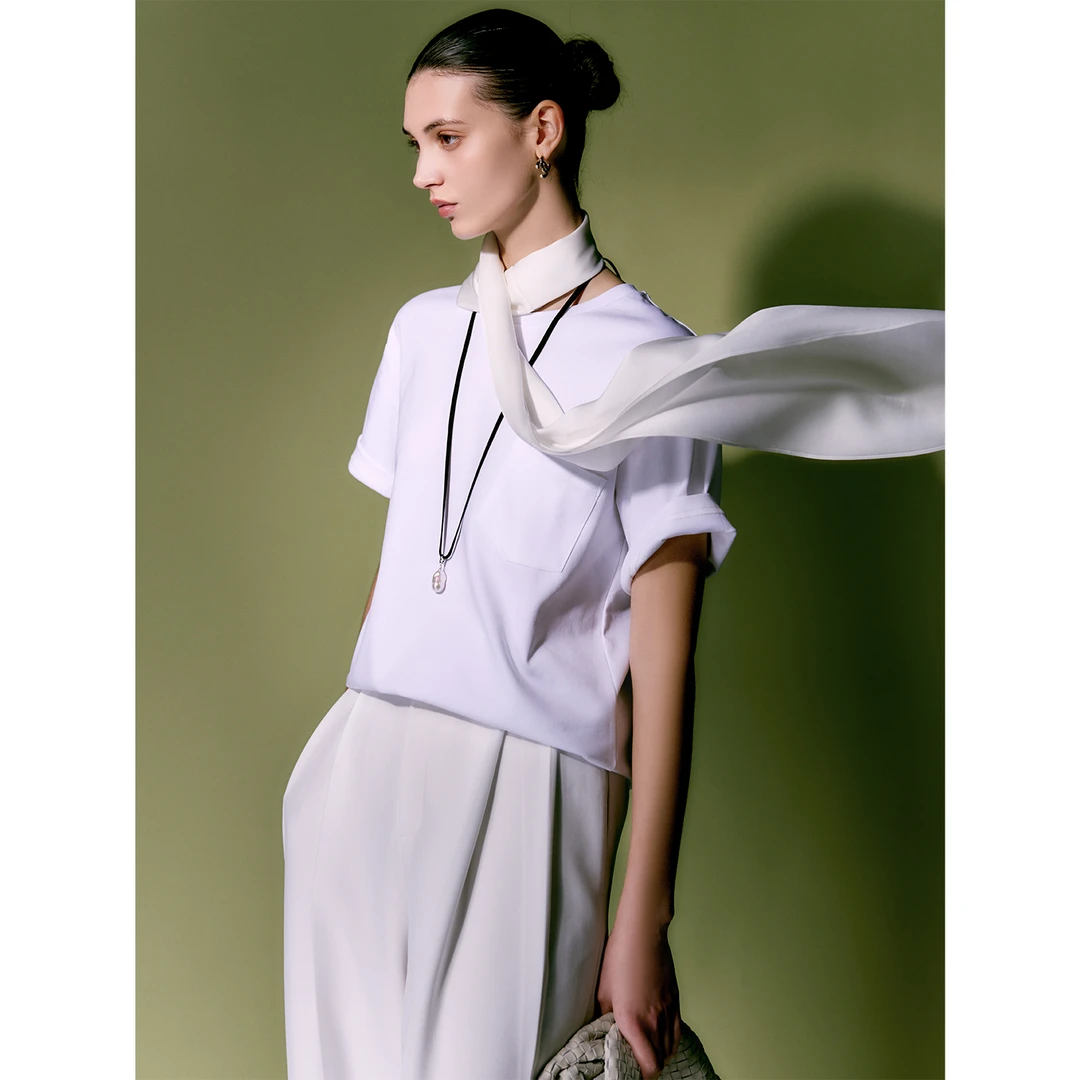 玖着‘时装T’100进口澳棉软糯亲肤廓形时髦佰搭圆领贴袋/无贴袋T恤