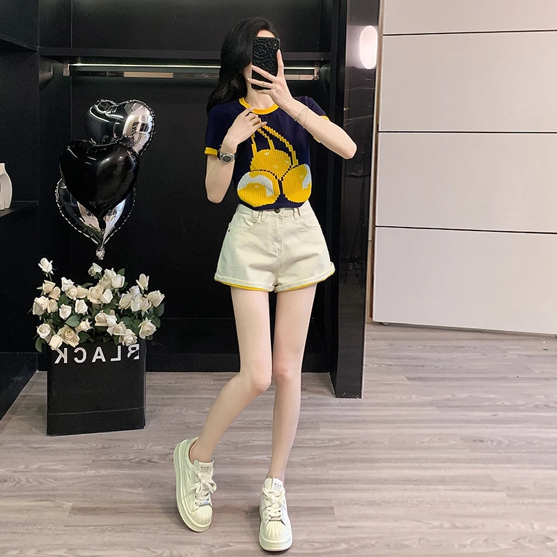 韩版小个子显瘦时尚套装女夏新款短袖t恤休闲百搭牛仔短裤两件套