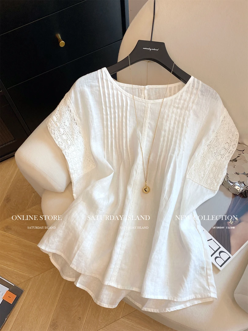 2025夏季新款白色法式蕾丝拼接小飞袖气质衬衫女镂空百搭宽松上衣