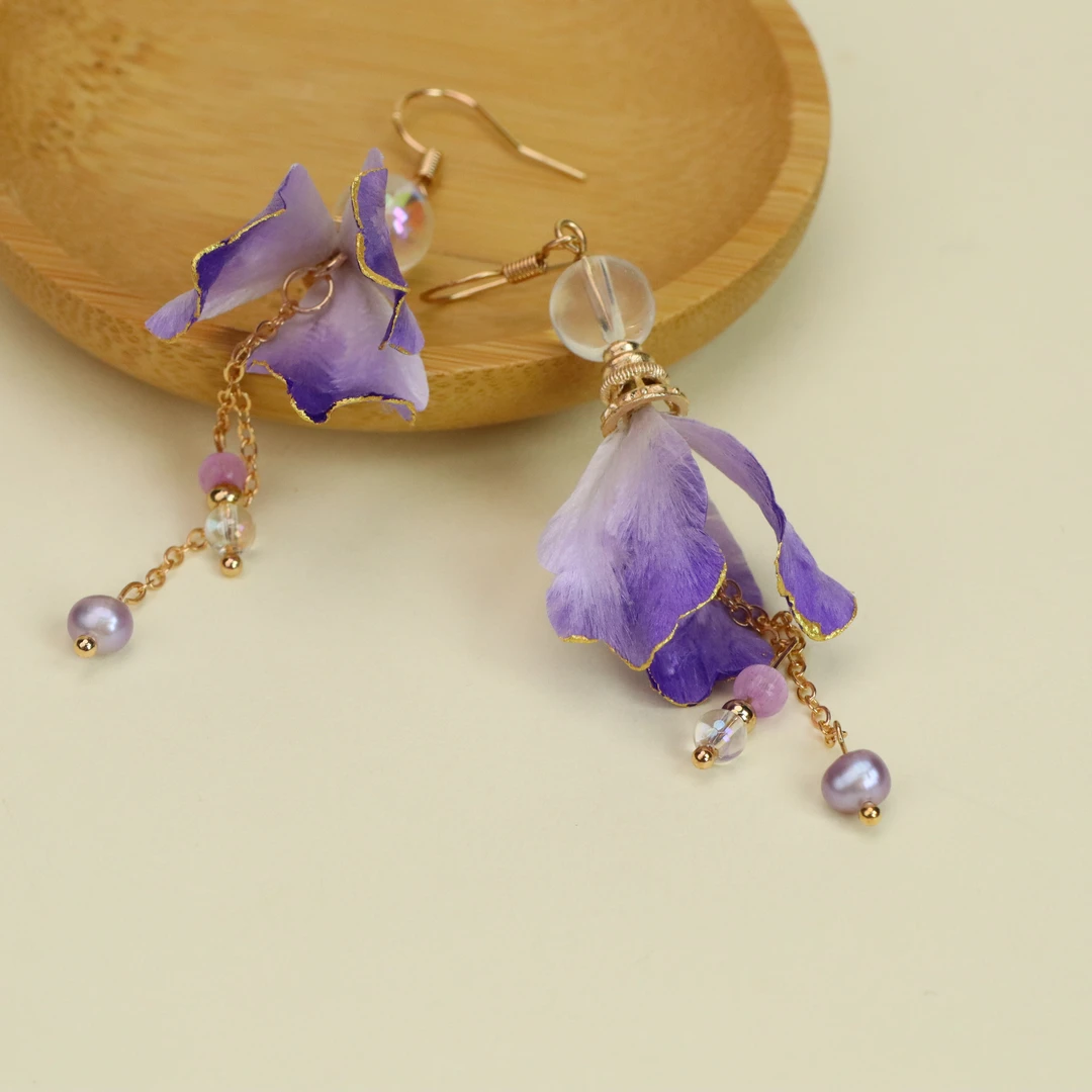 非金属布艺耳饰 【莫奈印象·耳环】非遗绒花鸢尾花耳环古风可爱