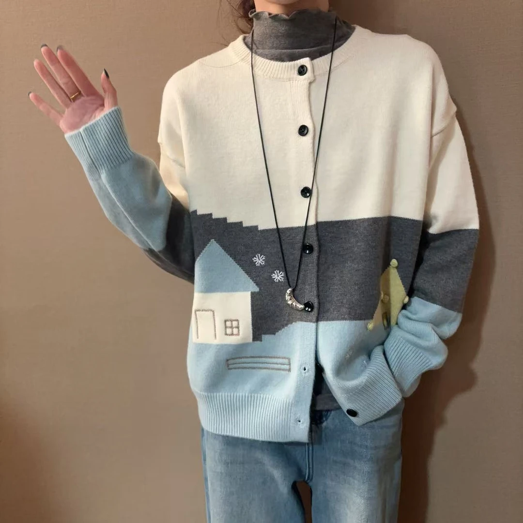 北欧撞色甜美开衫毛衣