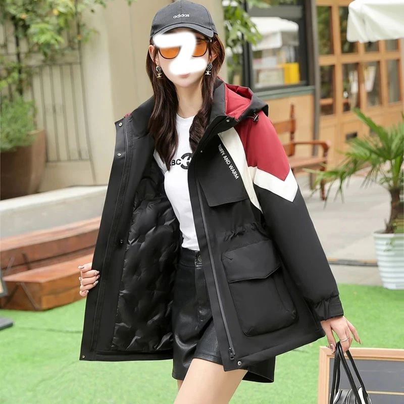 时尚中长款夹棉款式风衣2025冬加厚连帽拼接宽松棉衣外套冲锋衣潮