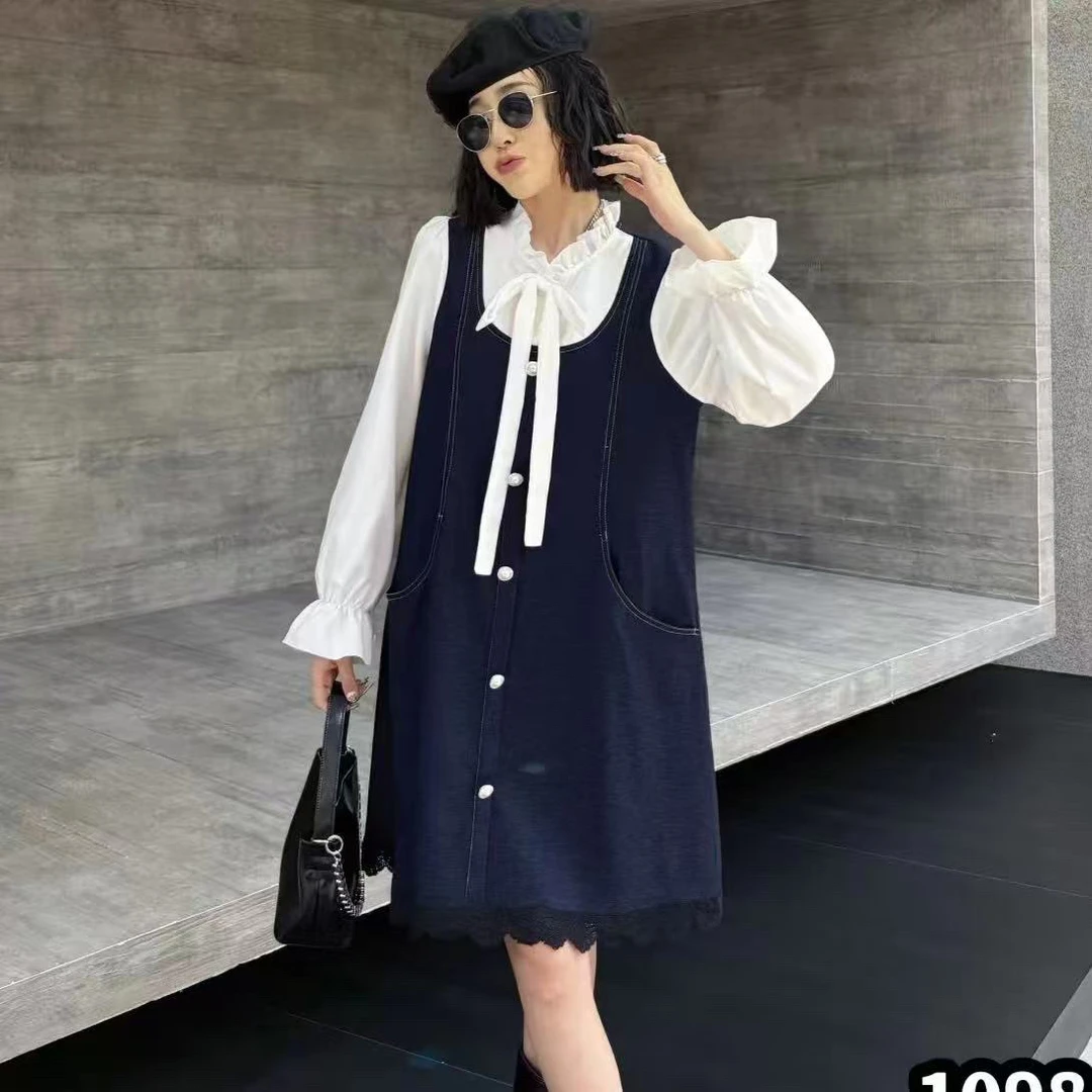 欧货大码女装拼接秋季高品质假两件气质长袖连衣裙